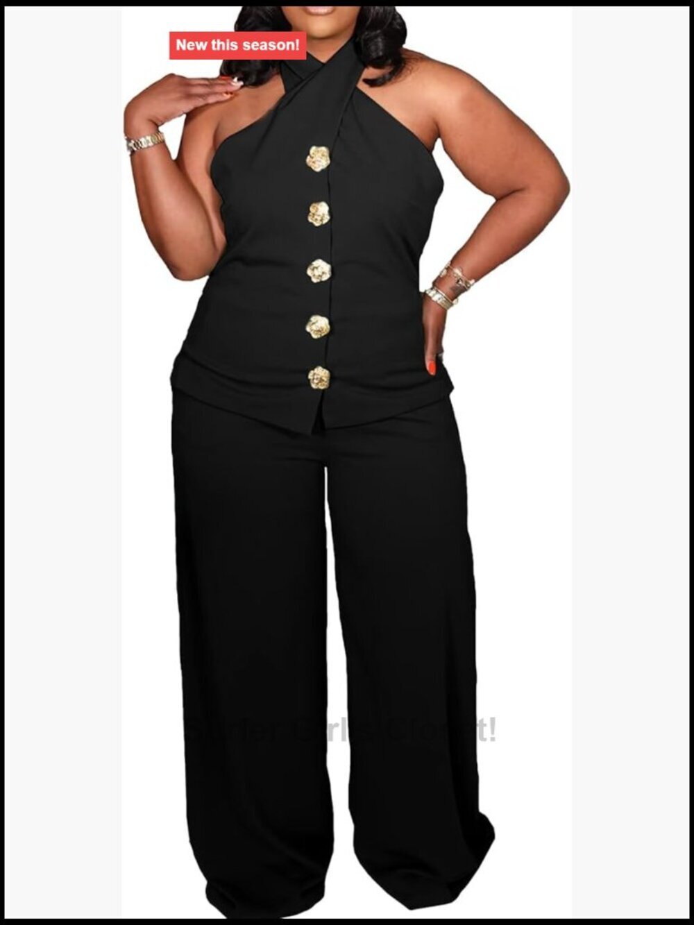 Plus Size Two Piece Outfit Halter Neck Tank Top Wide Leg Pants Suit Matching Set